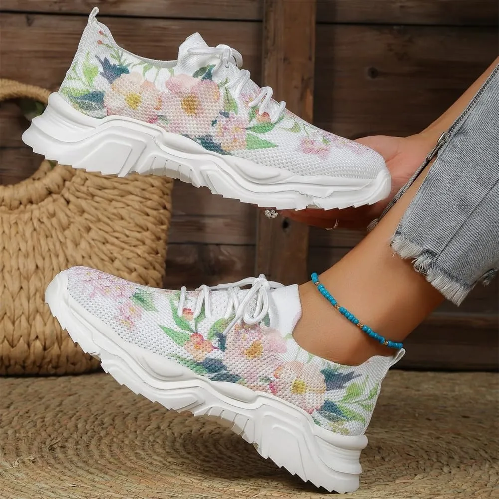 Floral Print Lace-Up Breathable Orthopedic Sneakers,Women's Mesh Breathable Sneakers,Anti-Slip Thick Soled Shoes.