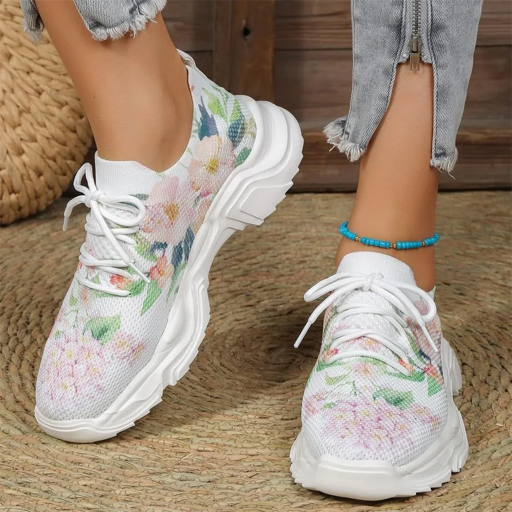 Floral Print Lace-Up Breathable Orthopedic Sneakers,Women's Mesh Breathable Sneakers,Anti-Slip Thick Soled Shoes.