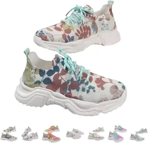 Floral Print Lace-Up Breathable Orthopedic Sneakers,Women's Mesh Breathable Sneakers,Anti-Slip Thick Soled Shoes.