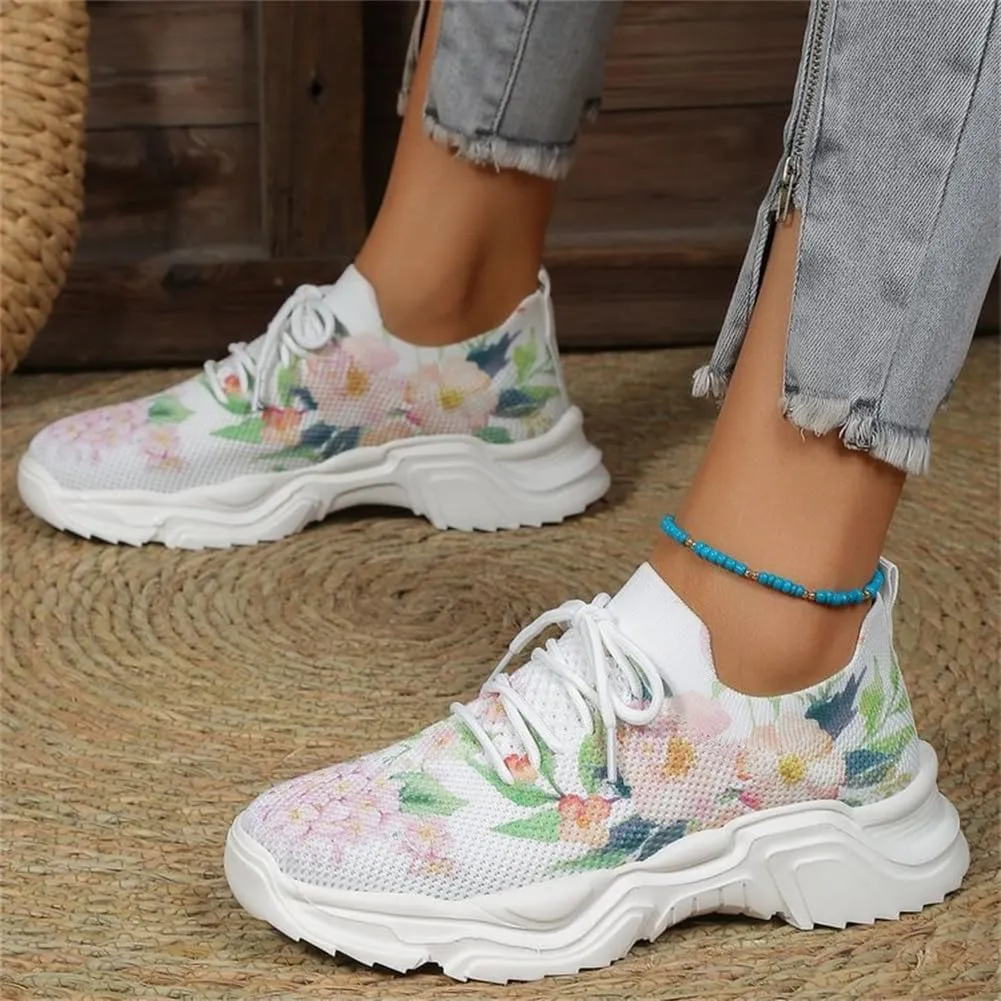 Floral Print Lace-Up Breathable Orthopedic Sneakers,Women's Mesh Breathable Sneakers,Anti-Slip Thick Soled Shoes.