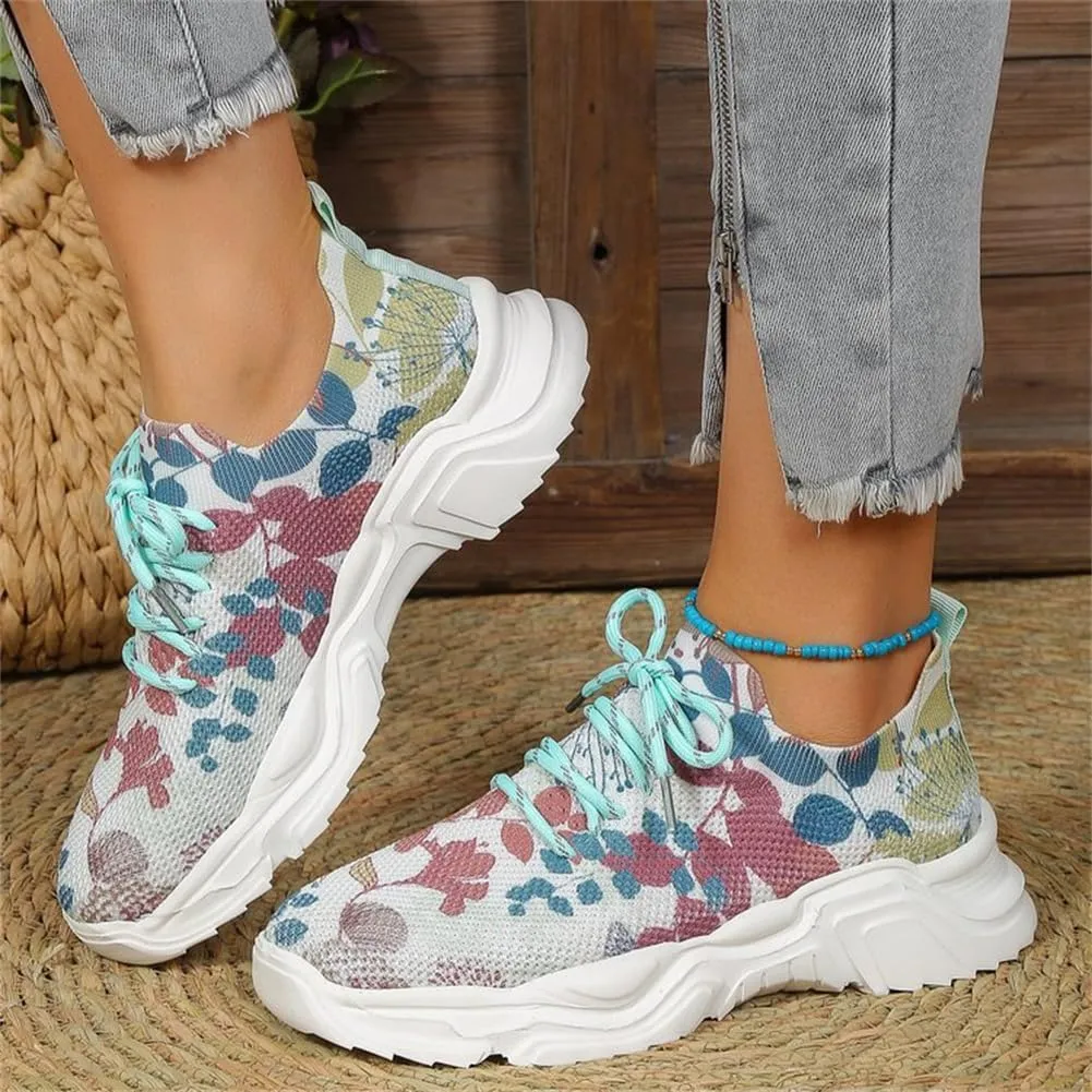 Floral Print Lace-Up Breathable Orthopedic Sneakers,Women's Mesh Breathable Sneakers,Anti-Slip Thick Soled Shoes.