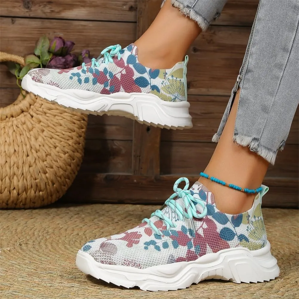Floral Print Lace-Up Breathable Orthopedic Sneakers,Women's Mesh Breathable Sneakers,Anti-Slip Thick Soled Shoes.