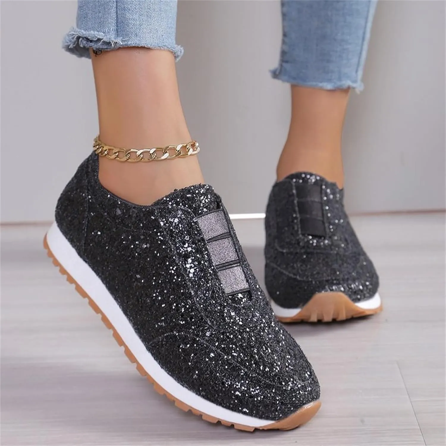 Glitter Womens Running Shoes Fashion Breathable Lace up Casual Summer Comfortable Outdoor Flat Bottom Walking Running Sneakers for Ladies