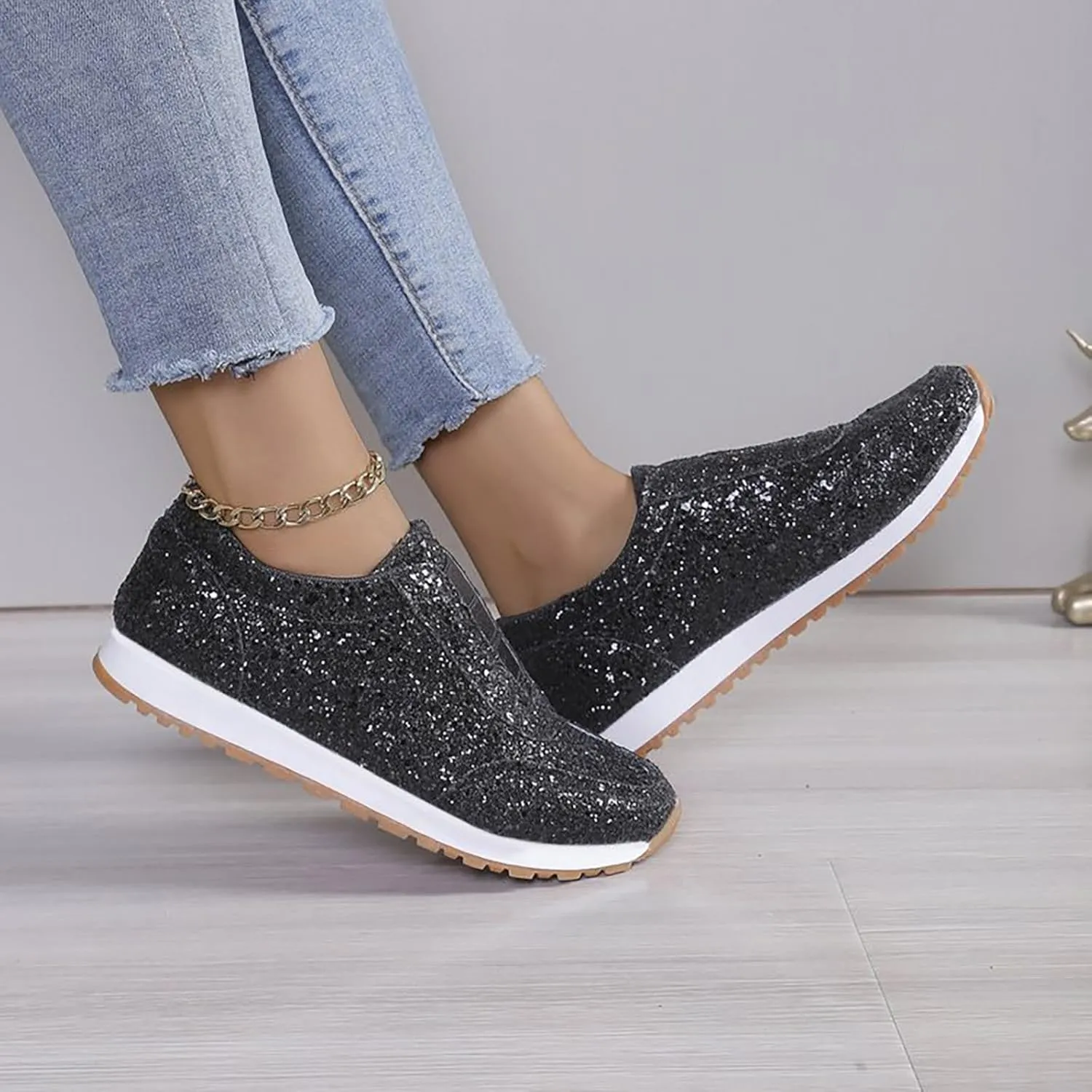 Glitter Womens Running Shoes Fashion Breathable Lace up Casual Summer Comfortable Outdoor Flat Bottom Walking Running Sneakers for Ladies