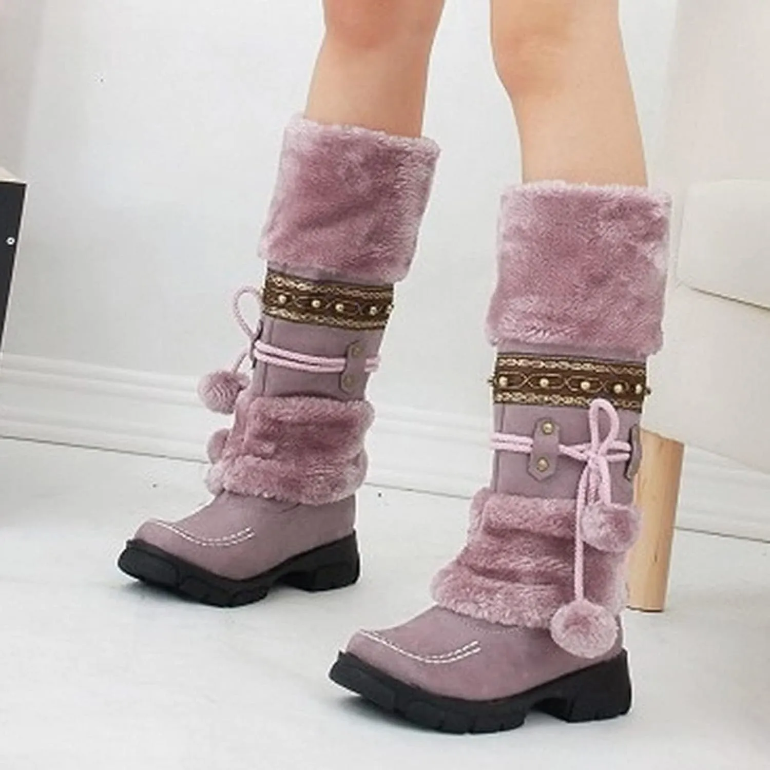 HINDOLA Women's Snow Boots Anti-Slip Waterproof Outdoor Shoes Winter Mid Calf Boots Warm Fur Lined Comfortable Booties for Women