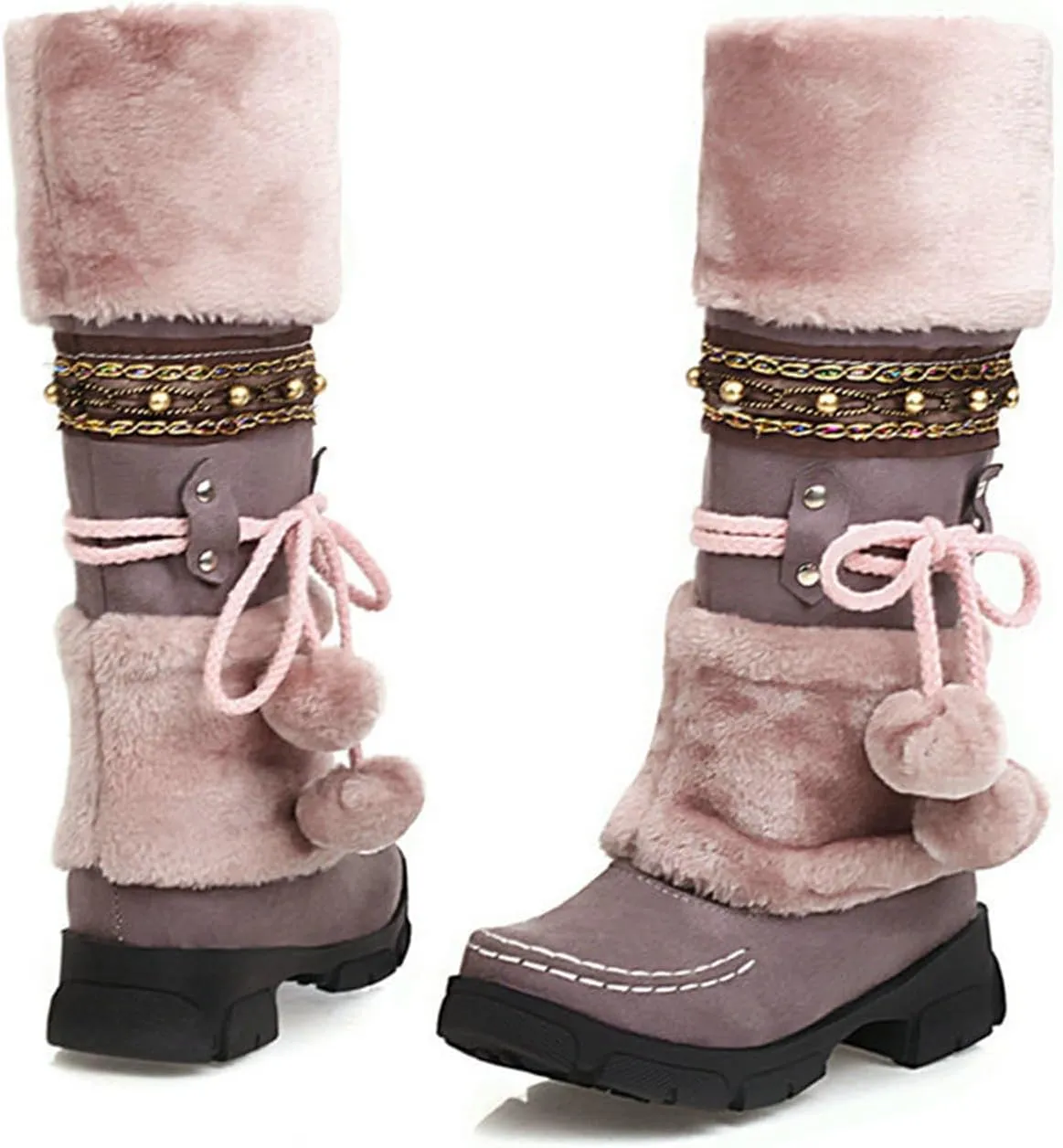 HINDOLA Women's Snow Boots Anti-Slip Waterproof Outdoor Shoes Winter Mid Calf Boots Warm Fur Lined Comfortable Booties for Women