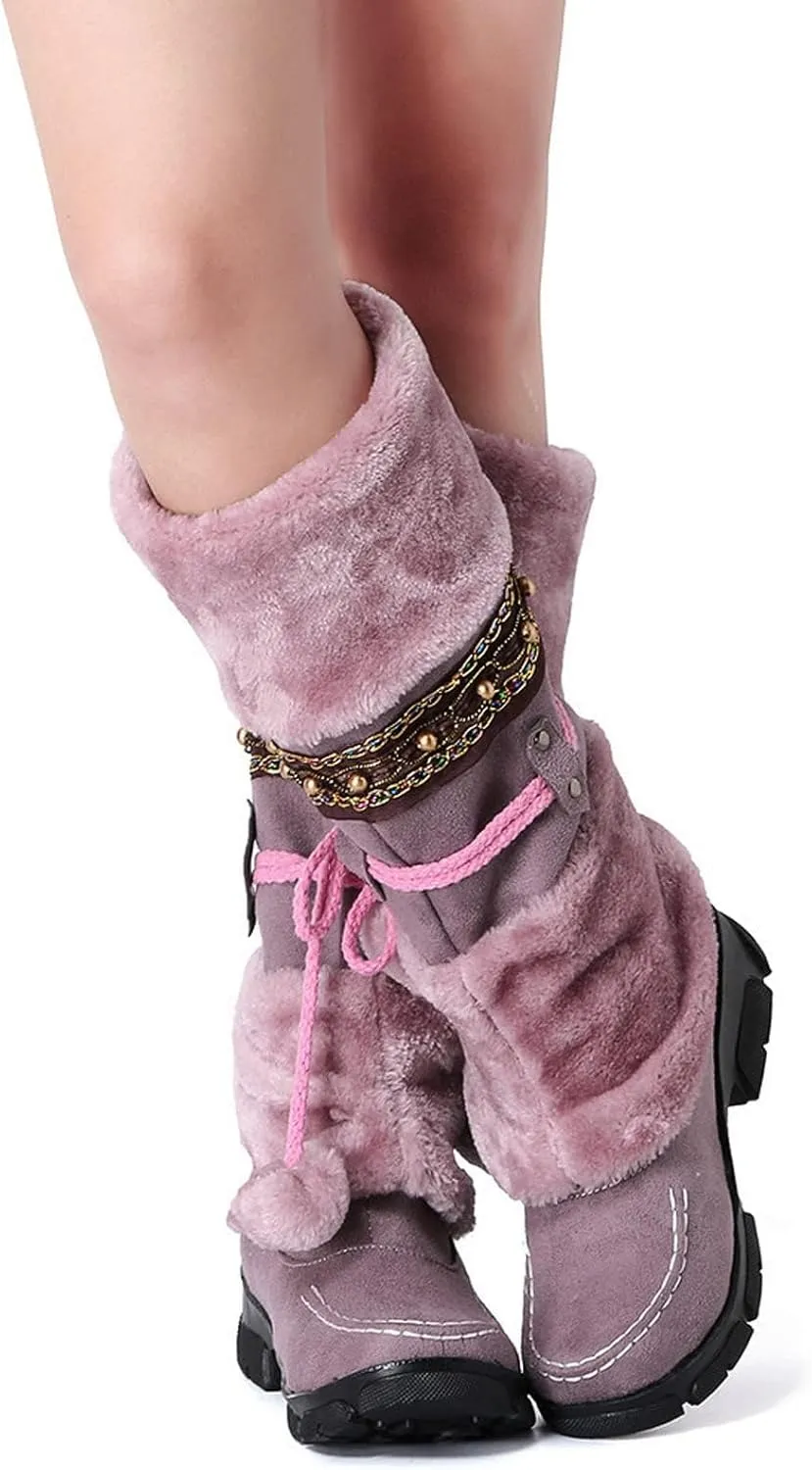 HINDOLA Women's Snow Boots Anti-Slip Waterproof Outdoor Shoes Winter Mid Calf Boots Warm Fur Lined Comfortable Booties for Women
