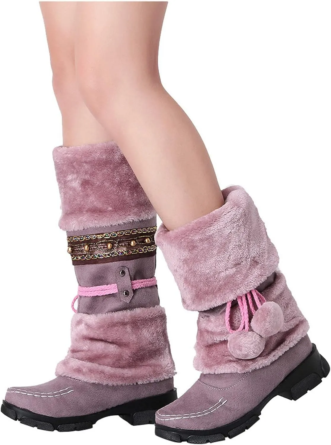 HINDOLA Women's Snow Boots Anti-Slip Waterproof Outdoor Shoes Winter Mid Calf Boots Warm Fur Lined Comfortable Booties for Women
