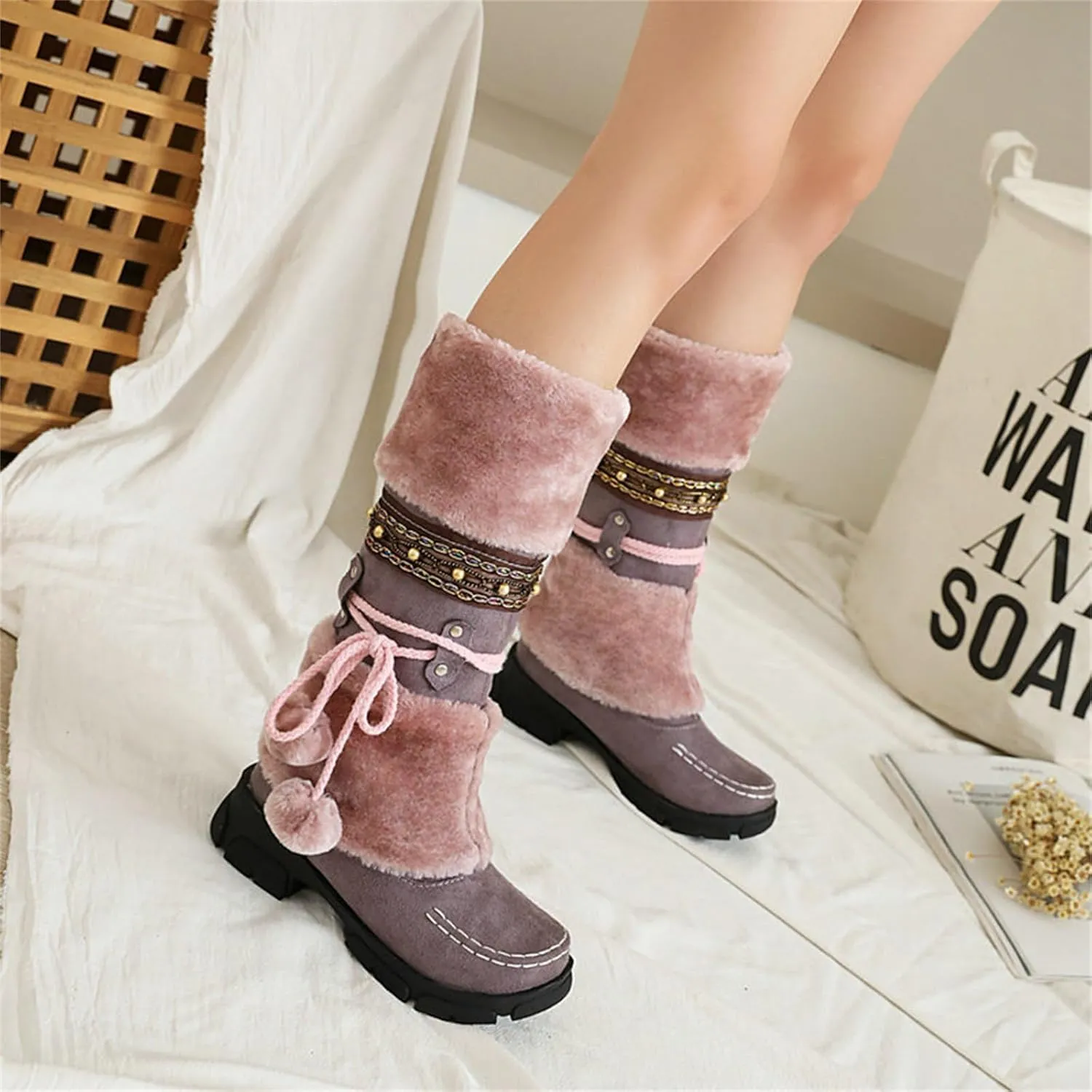 HINDOLA Women's Snow Boots Anti-Slip Waterproof Outdoor Shoes Winter Mid Calf Boots Warm Fur Lined Comfortable Booties for Women