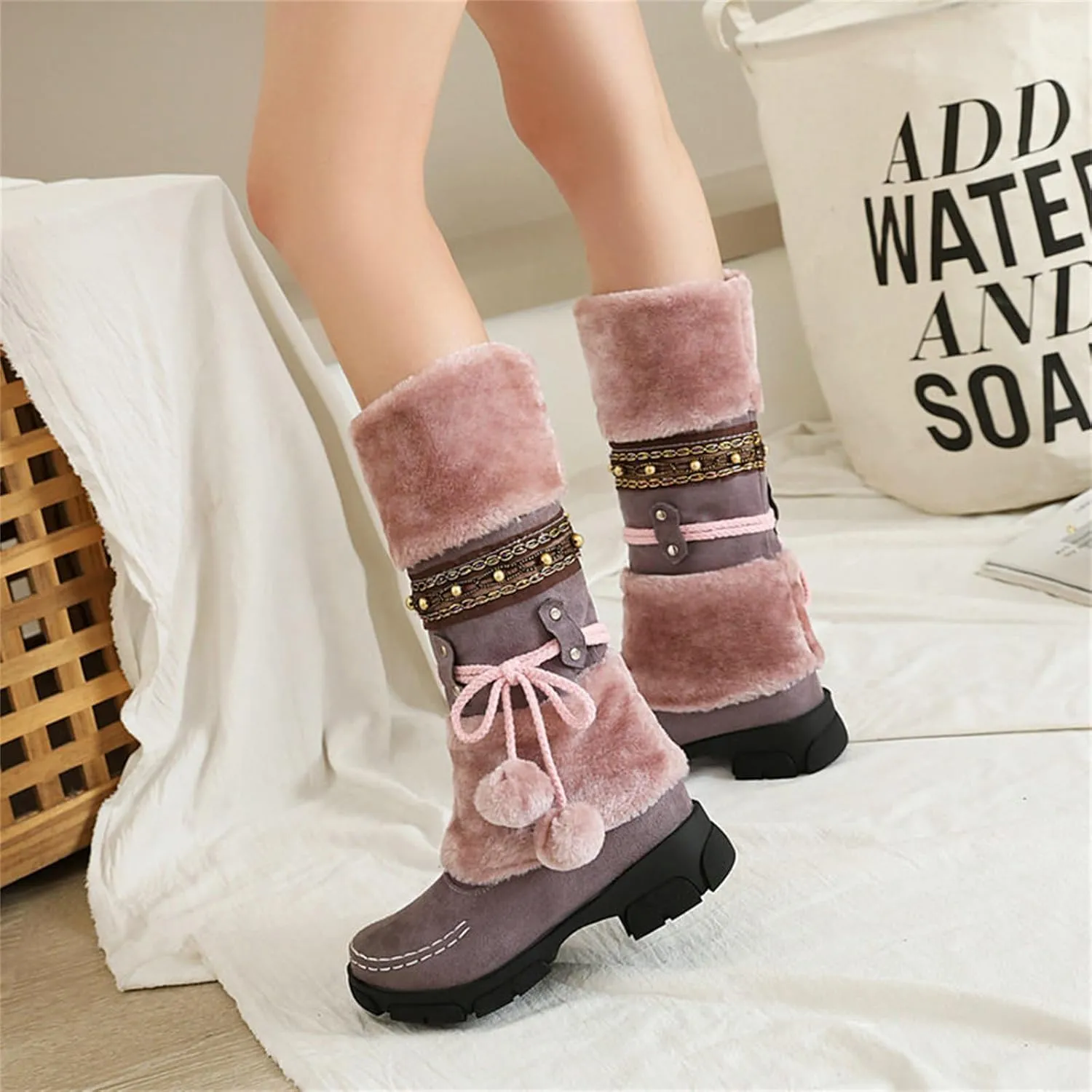 HINDOLA Women's Snow Boots Anti-Slip Waterproof Outdoor Shoes Winter Mid Calf Boots Warm Fur Lined Comfortable Booties for Women