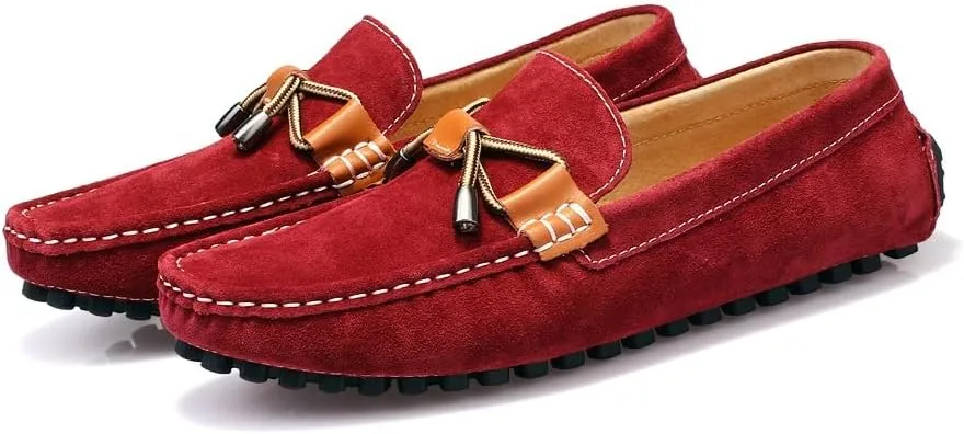 JIADELI Mens Loafers Shoe Nubuck Leather Driving Loafers Stitching Details Slip Resistant Flat Heel Flexible Fashion Slip-ons