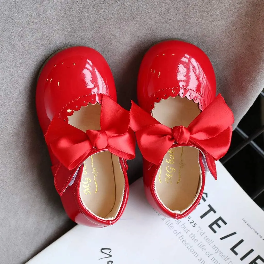 Kids Girls Leather Sneaker with Bows Toddler Baby Infant Newborn Soft Sole Ankle Flat Sport Shoes Outdoor Dance Shoes