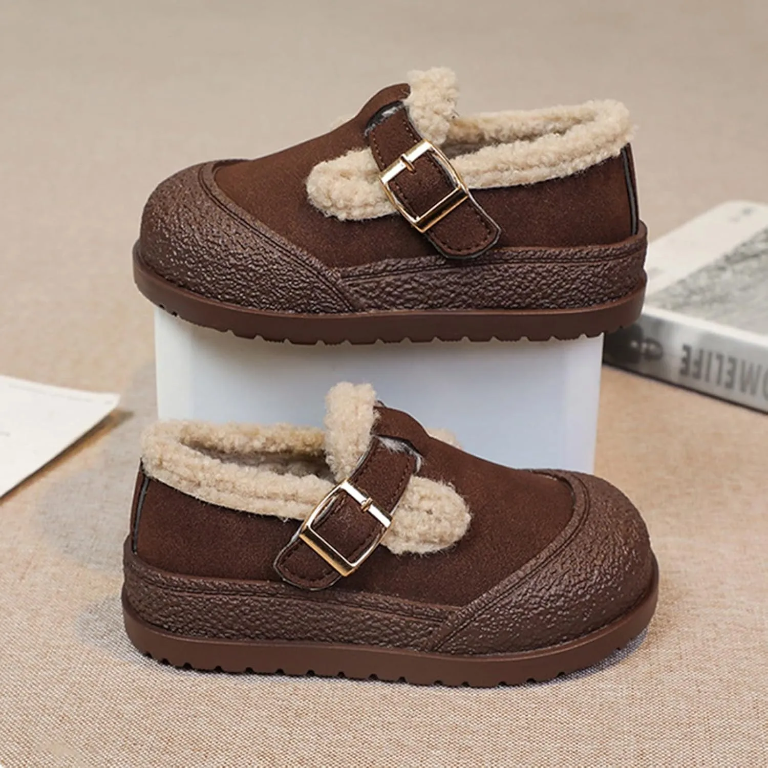 Kids Open Toe Fuzzy Sneakers Boys Girls Western Leather Non Slip Shoes Outdoor Warm Comfy Thick Soft Sole Booties