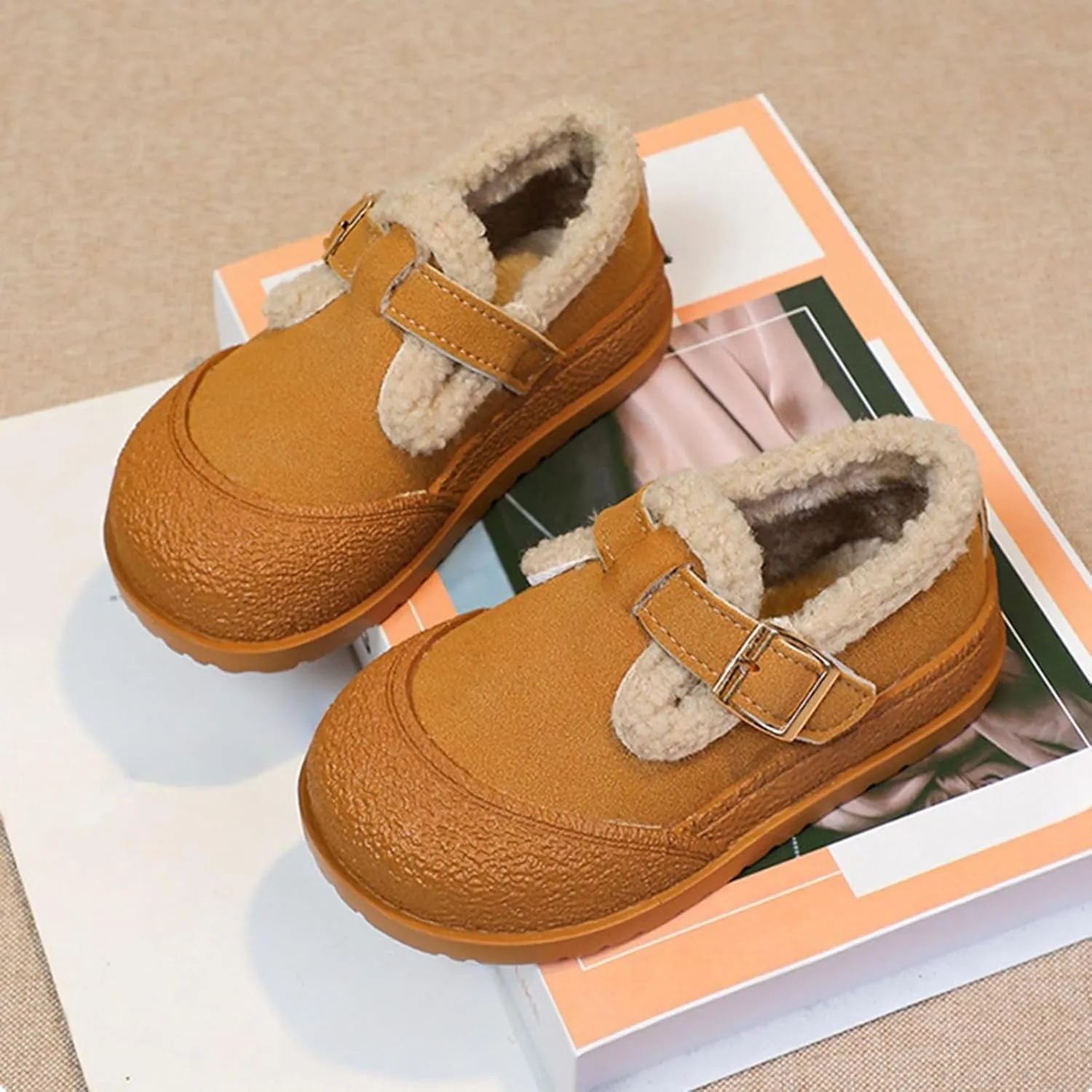 Kids Open Toe Fuzzy Sneakers Boys Girls Western Leather Non Slip Shoes Outdoor Warm Comfy Thick Soft Sole Booties