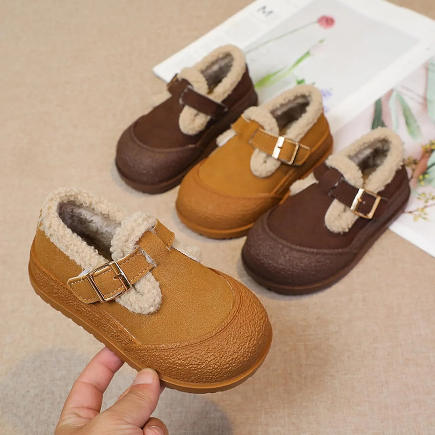 Kids Open Toe Fuzzy Sneakers Boys Girls Western Leather Non Slip Shoes Outdoor Warm Comfy Thick Soft Sole Booties
