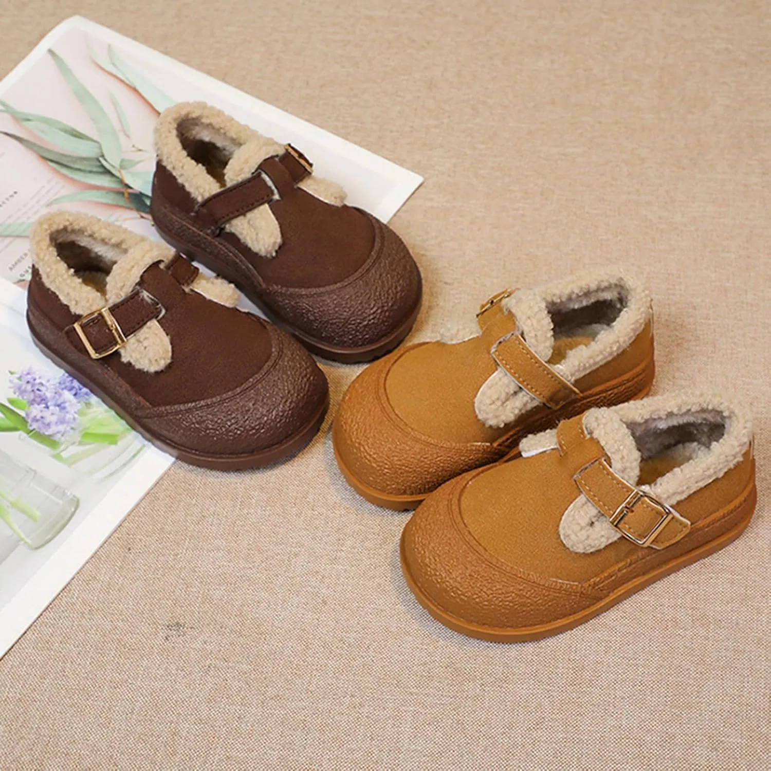 Kids Open Toe Fuzzy Sneakers Boys Girls Western Leather Non Slip Shoes Outdoor Warm Comfy Thick Soft Sole Booties