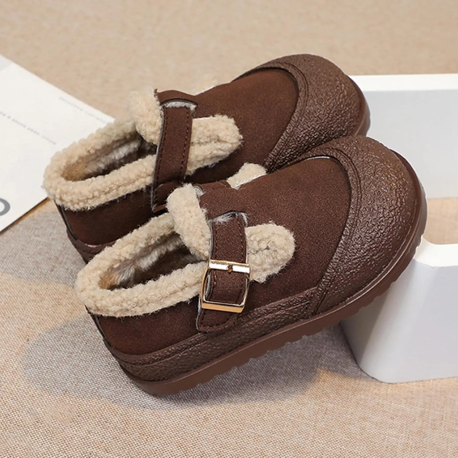 Kids Open Toe Fuzzy Sneakers Boys Girls Western Leather Non Slip Shoes Outdoor Warm Comfy Thick Soft Sole Booties