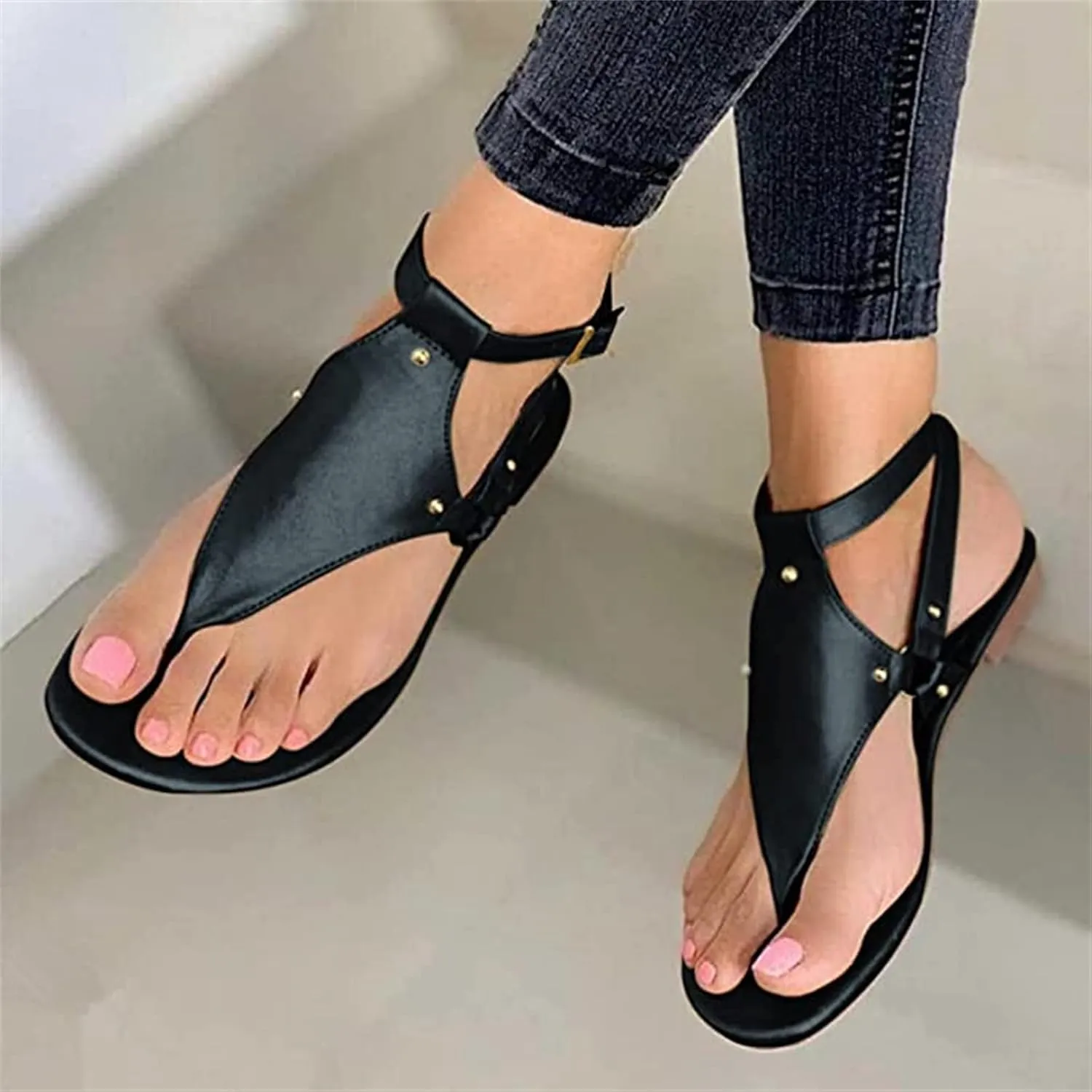 Lausiuoe Sandals for Women Dressy Summer,Women's Ankle Strap Casual Comfort Strappy Flat Sandals Beach Sandals Thong Flip Flops