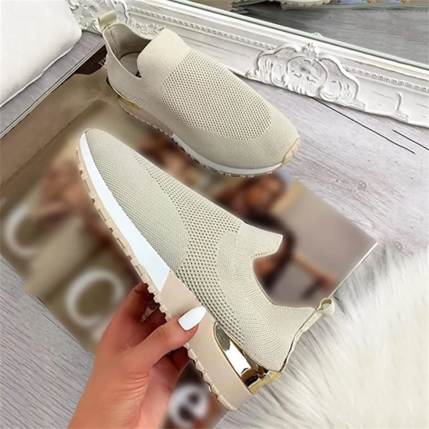 Lausiuoe Women's Fashion Sneakers Slip On Running Shoes Ladies Walking Tennis Mesh Lightweight Breathable Casual Shoes