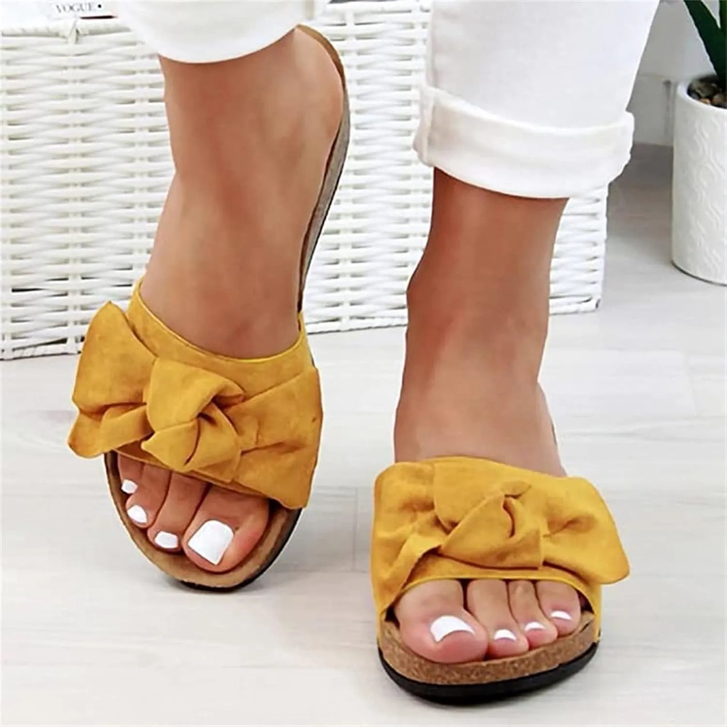 Lausiuoe Women's Sandals,Women's Casual Dressy Summer Bow Knot Slip On Flat Sandals Open Toe Beach Fashion Flip Flop
