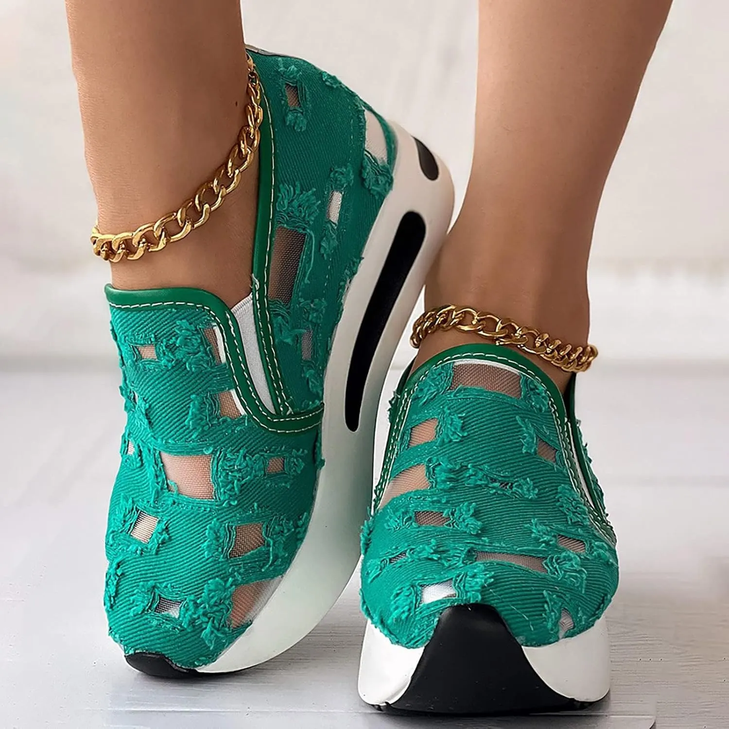 Loafers for Women Platform Wedge Sneakers Floral Embroidery Breathable Mesh Sneakers Lightweight Breathable Slip On Softsole Walking Shoes