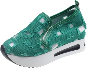 Loafers for Women Platform Wedge Sneakers Floral Embroidery Breathable Mesh Sneakers Lightweight Breathable Slip On Softsole Walking Shoes