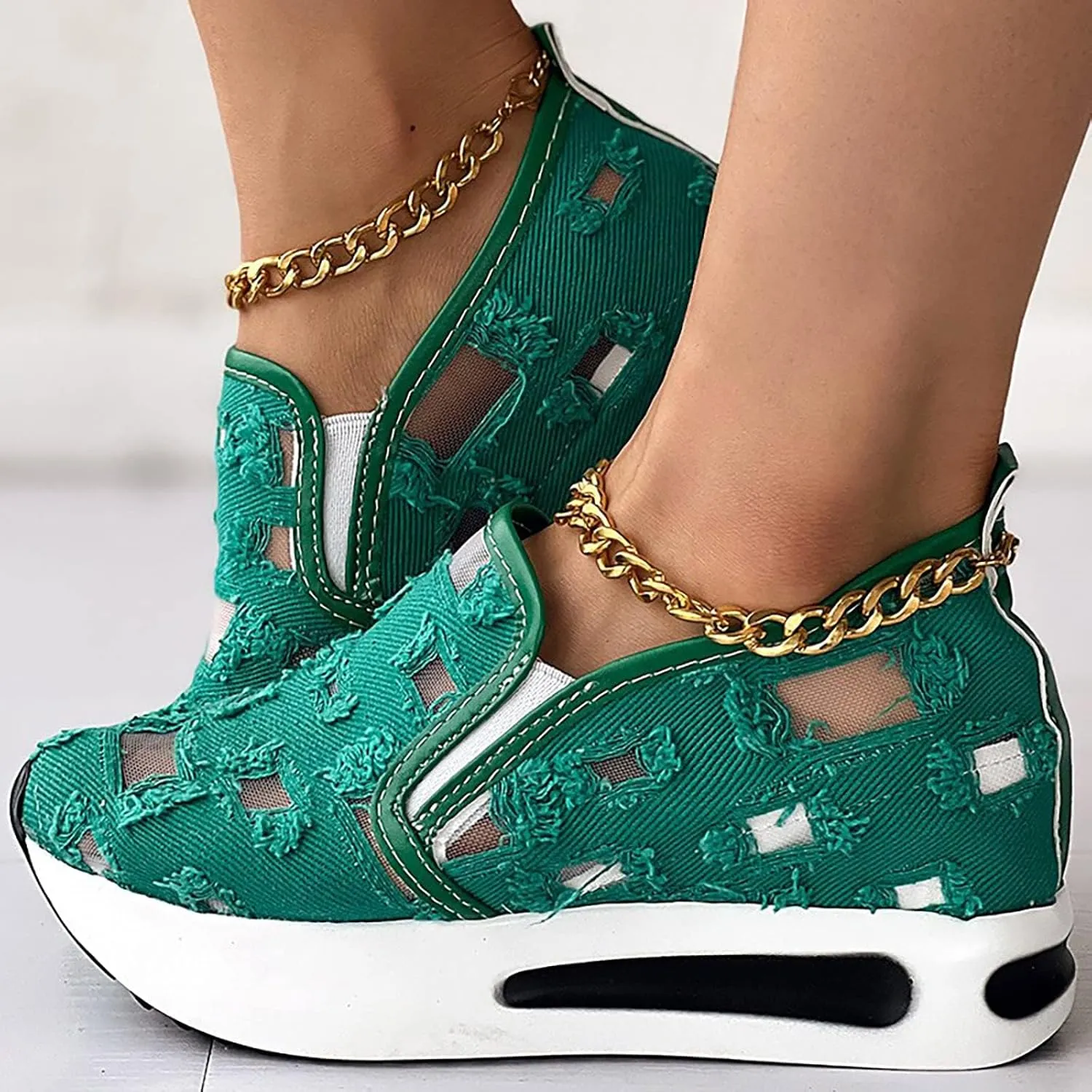 Loafers for Women Platform Wedge Sneakers Floral Embroidery Breathable Mesh Sneakers Lightweight Breathable Slip On Softsole Walking Shoes