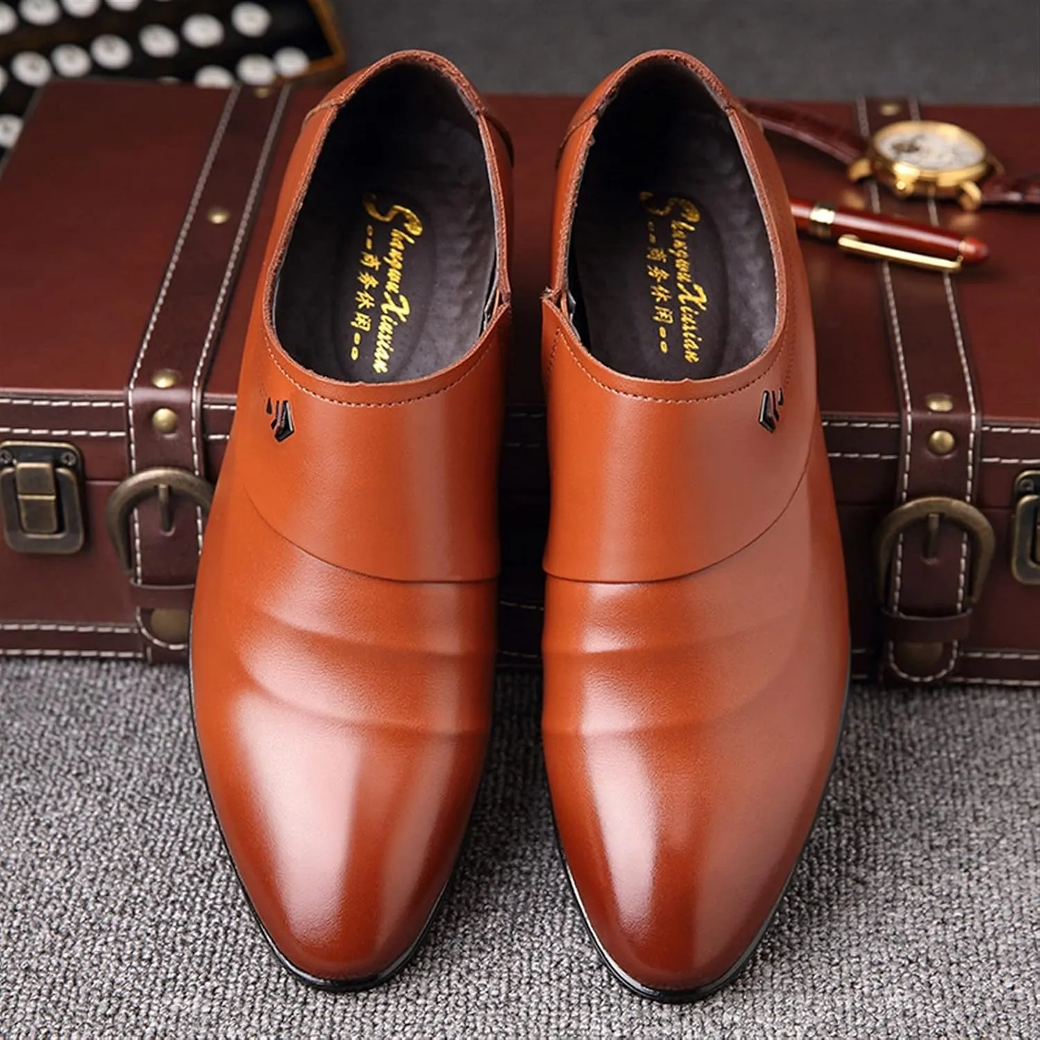 Mens Loafers Breathable Burnished Toe Loafer Shoes Vegan Leather Flexible Lightweight Slip Resistant Classic Slip-ons