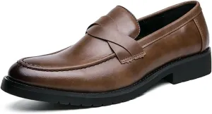 Men's Loafers Round Burnished Toe Penny Loafers Vegan Leather Slip Resistant Flat Heel Flexible Casual Slip-ons