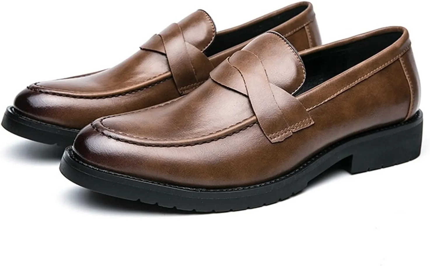 Men's Loafers Round Burnished Toe Penny Loafers Vegan Leather Slip Resistant Flat Heel Flexible Casual Slip-ons