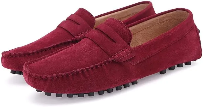 Mens Loafers Round Toe Suede Vamp Penny Driving Style Loafer Flat Heel Anti-Slip Flexible Casual Slip-ons(Color:Red,Size:10)
