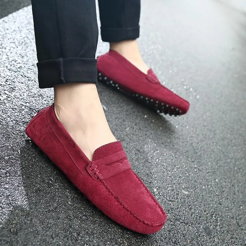 Mens Loafers Round Toe Suede Vamp Penny Driving Style Loafer Flat Heel Anti-Slip Flexible Casual Slip-ons(Color:Red,Size:10)