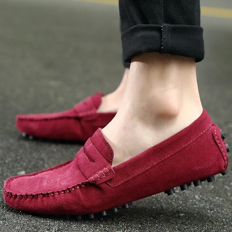 Mens Loafers Round Toe Suede Vamp Penny Driving Style Loafer Flat Heel Anti-Slip Flexible Casual Slip-ons(Color:Red,Size:10)