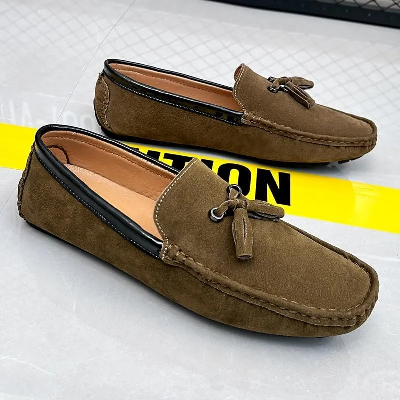 Mens Loafers Round Toe Vegan Suede Leather Driving Loafers with Tassel Anti-Slip Comfortable Flexible Wedding Fashion Slip-ons