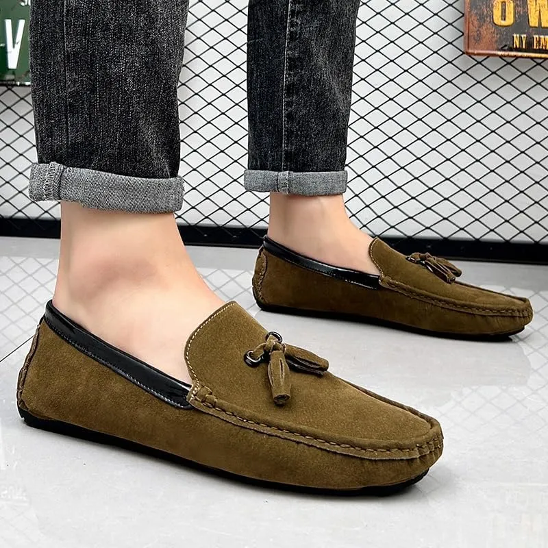 Mens Loafers Round Toe Vegan Suede Leather Driving Loafers with Tassel Anti-Slip Comfortable Flexible Wedding Fashion Slip-ons