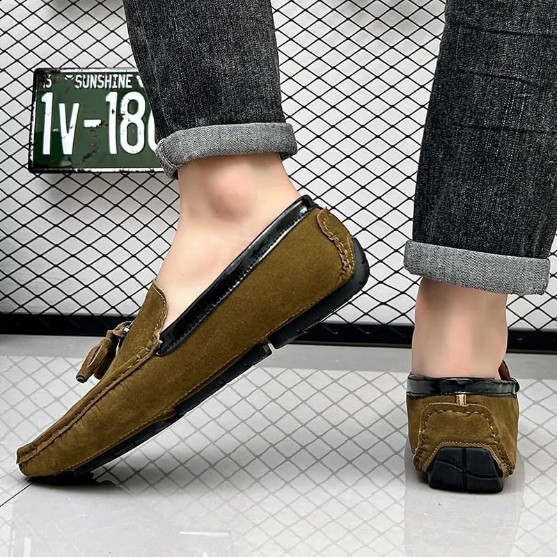 Mens Loafers Round Toe Vegan Suede Leather Driving Loafers with Tassel Anti-Slip Comfortable Flexible Wedding Fashion Slip-ons