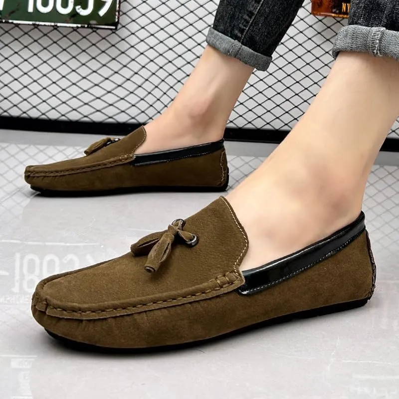 Mens Loafers Round Toe Vegan Suede Leather Driving Loafers with Tassel Anti-Slip Comfortable Flexible Wedding Fashion Slip-ons
