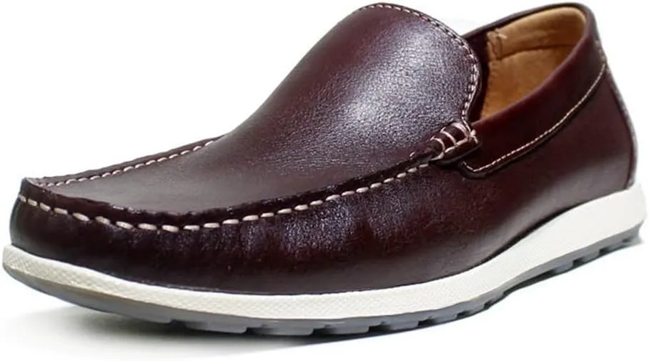 Mens Loafers Shoe Genuine Leather Round Toe Stitching Details Rubber Sole Anti-Slip Flexible Comfortable Party Casual Slip-ons