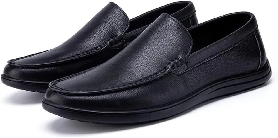 Mens Loafers Shoe Round Toe Moccasins Simple Leather Slip Resistant Flat Heel Flexible Wedding Slip-ons