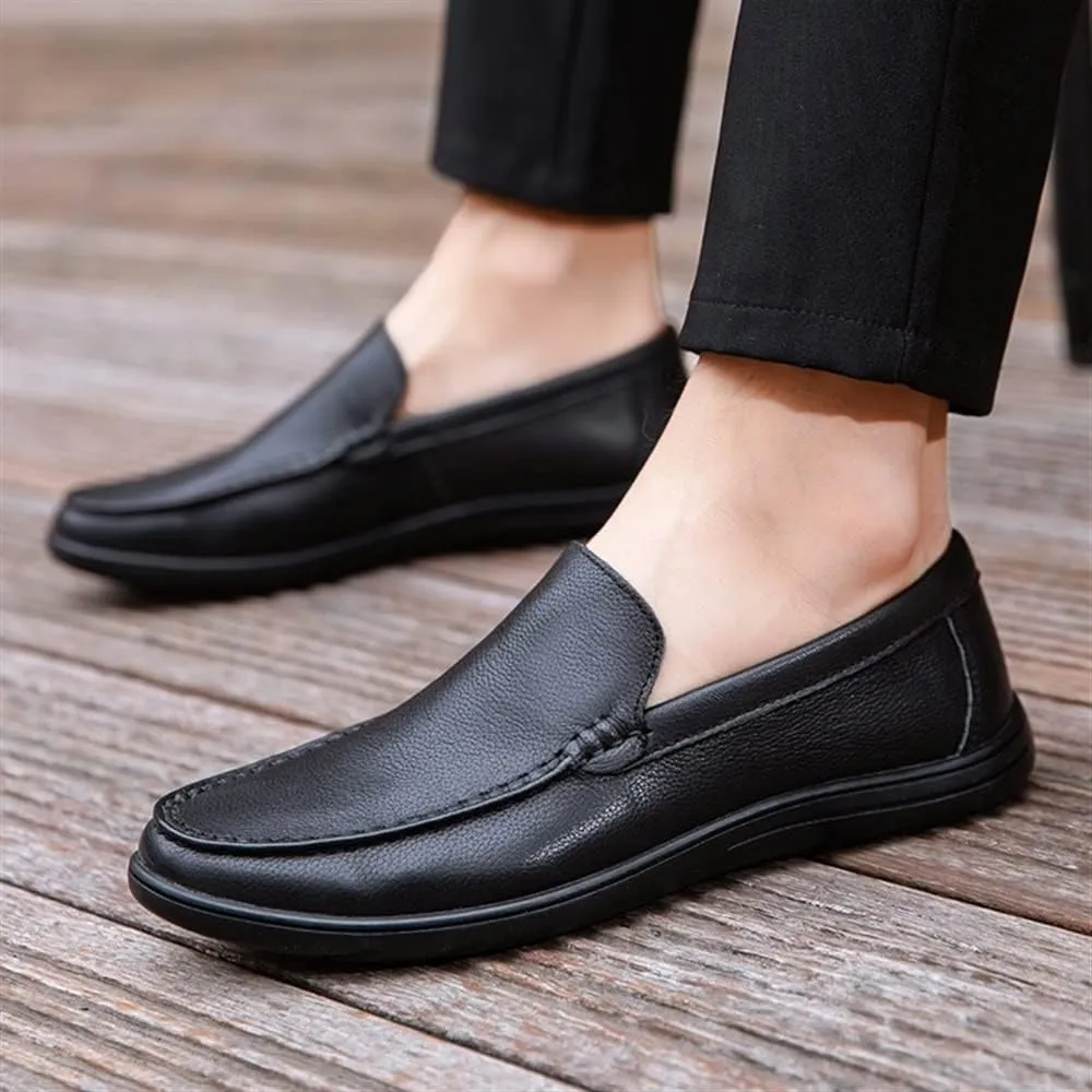 Mens Loafers Shoe Round Toe Moccasins Simple Leather Slip Resistant Flat Heel Flexible Wedding Slip-ons