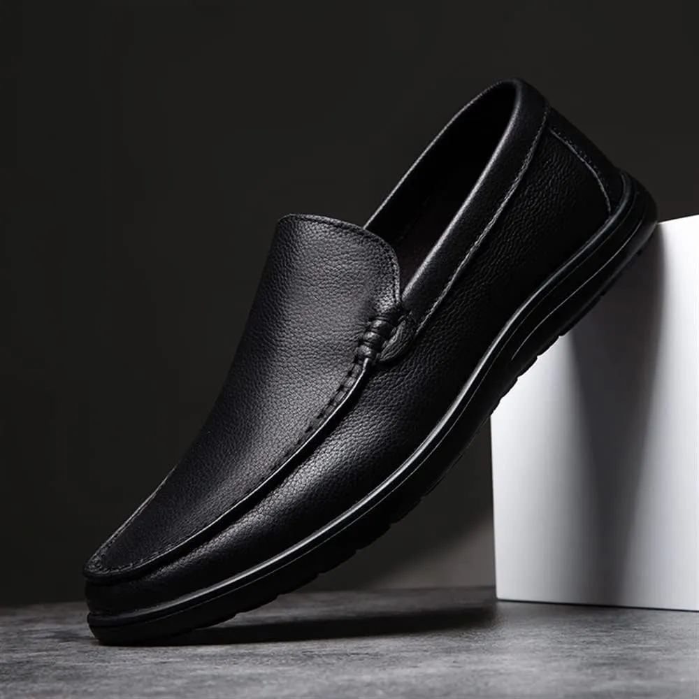 Mens Loafers Shoe Round Toe Moccasins Simple Leather Slip Resistant Flat Heel Flexible Wedding Slip-ons
