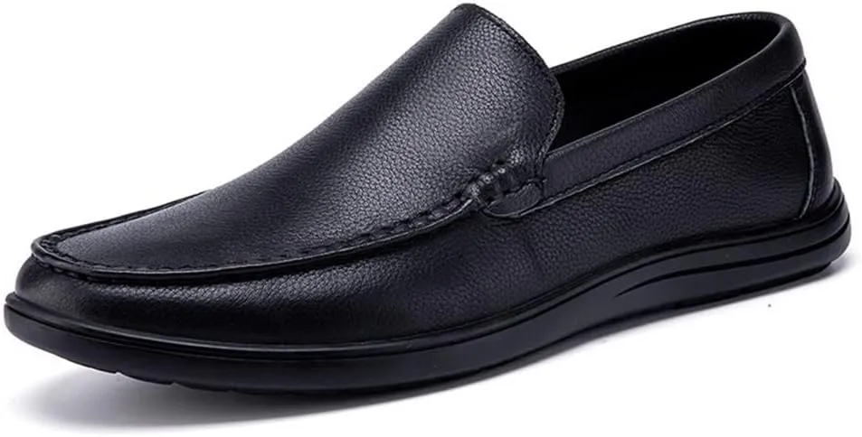 Mens Loafers Shoe Round Toe Moccasins Simple Leather Slip Resistant Flat Heel Flexible Wedding Slip-ons