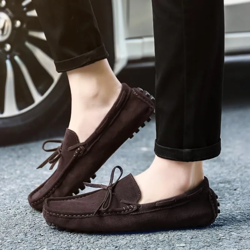 Mens Loafers Shoe Round Toe Nubuck Leather Driving Loafers Flexible Lightweight Comfortable Casual Slip-ons
