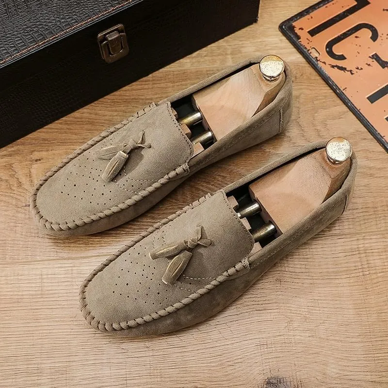 Mens Loafers Shoe Round Toe Nubuck Leather with Tassel Loafer Flexible Comfortable Flat Heel Walking Outdoor Slip-ons