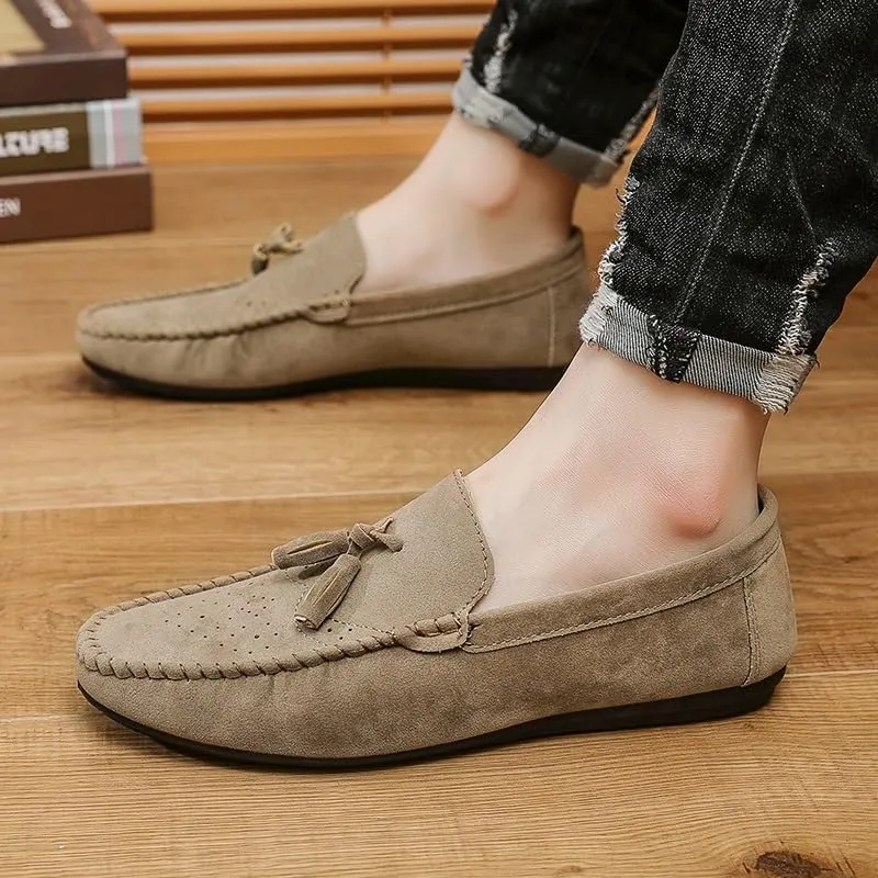 Mens Loafers Shoe Round Toe Nubuck Leather with Tassel Loafer Flexible Comfortable Flat Heel Walking Outdoor Slip-ons
