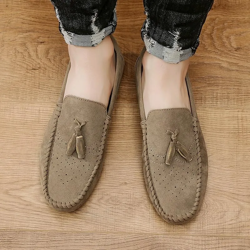 Mens Loafers Shoe Round Toe Nubuck Leather with Tassel Loafer Flexible Comfortable Flat Heel Walking Outdoor Slip-ons