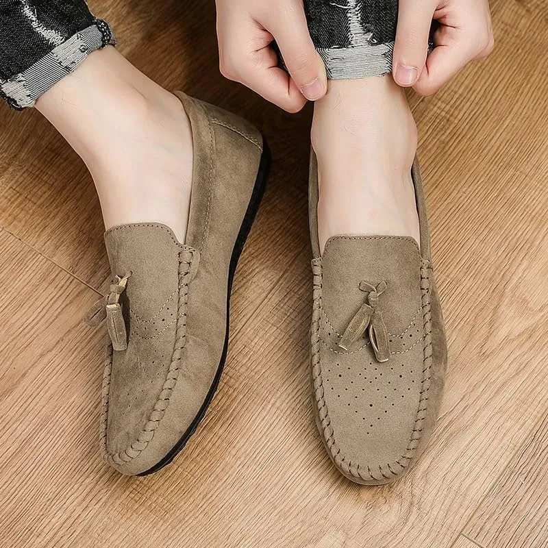 Mens Loafers Shoe Round Toe Nubuck Leather with Tassel Loafer Flexible Comfortable Flat Heel Walking Outdoor Slip-ons