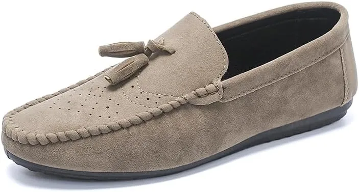 Mens Loafers Shoe Round Toe Nubuck Leather with Tassel Loafer Flexible Comfortable Flat Heel Walking Outdoor Slip-ons