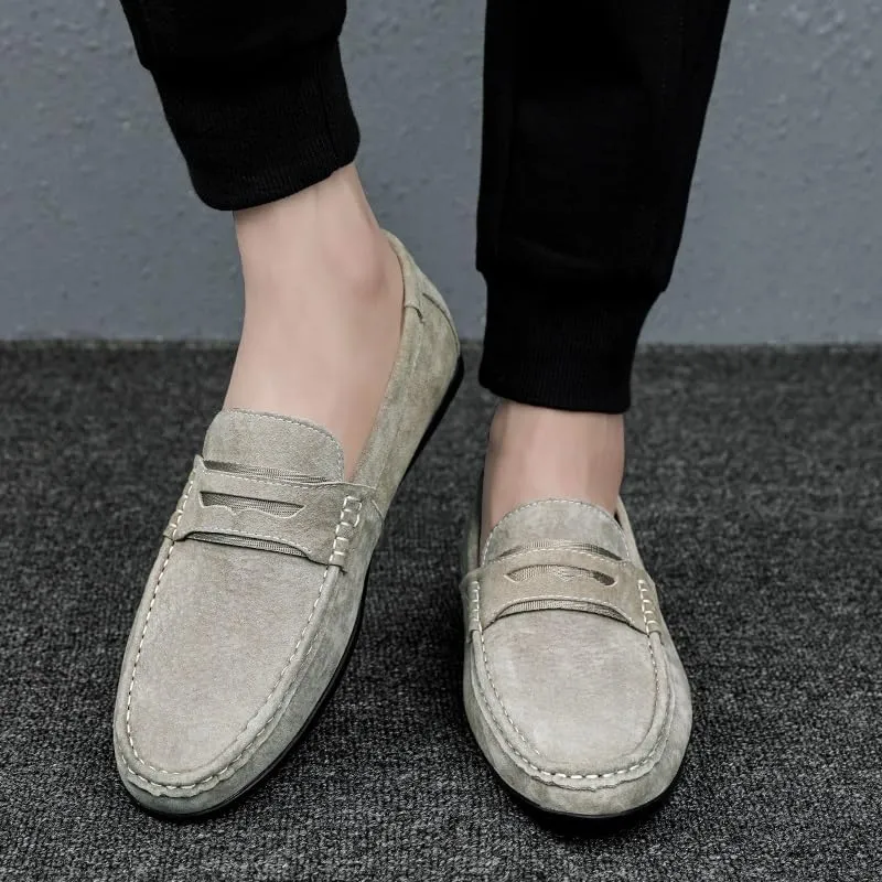 Mens Loafers Shoe Round Toe Suede Vamp Penny Loafers Slip Resistant Flat Heel Flexible Walking Outdoor Slip-ons