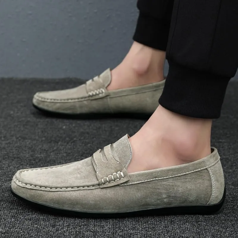 Mens Loafers Shoe Round Toe Suede Vamp Penny Loafers Slip Resistant Flat Heel Flexible Walking Outdoor Slip-ons